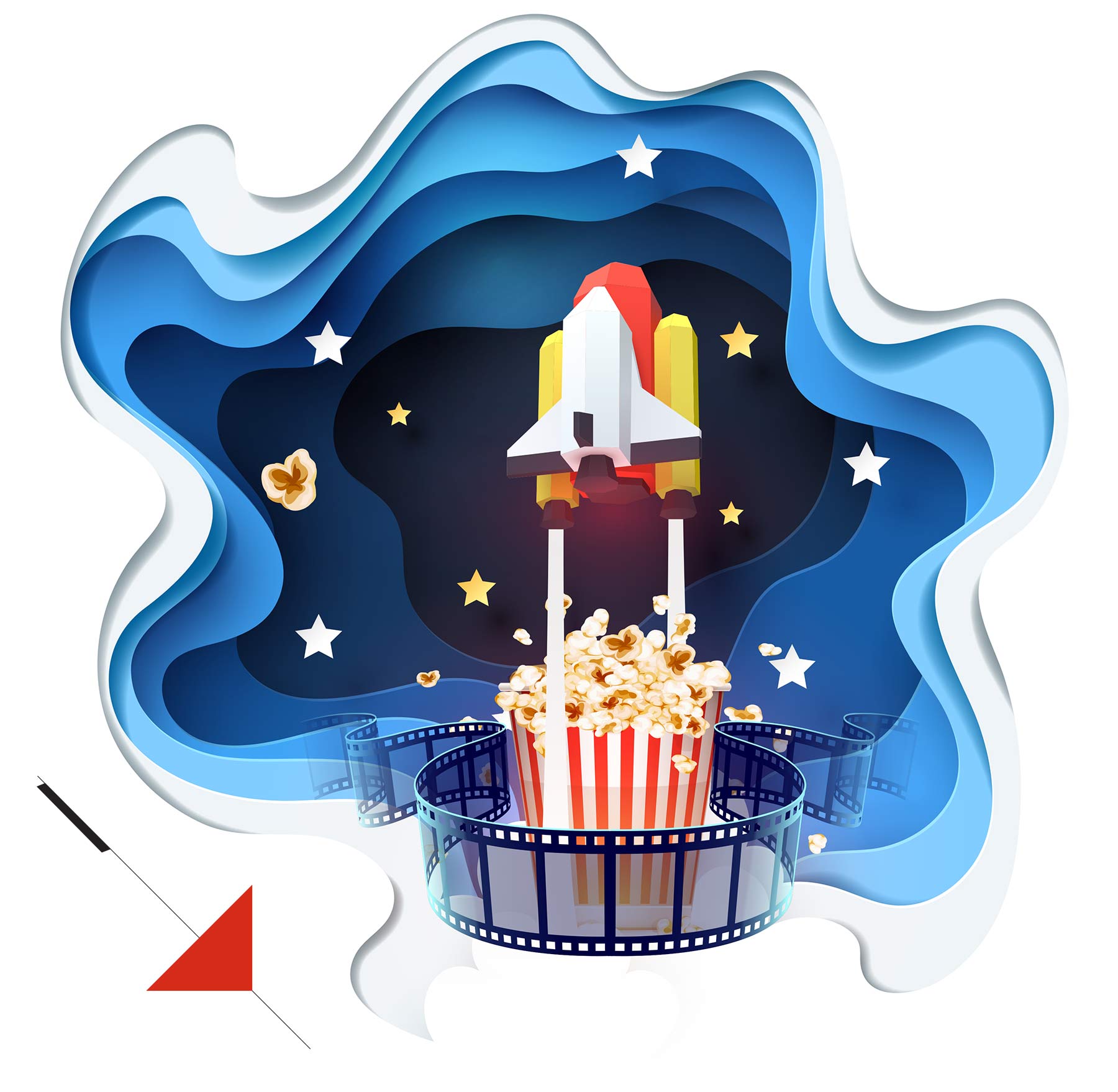 space paper art with popcorn and video film