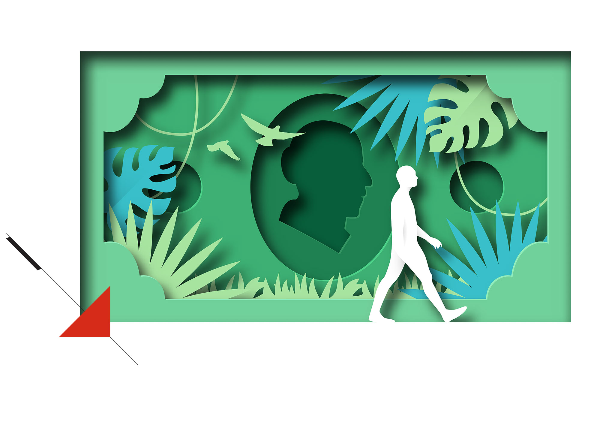 paper art dollar bill with person walking for billing