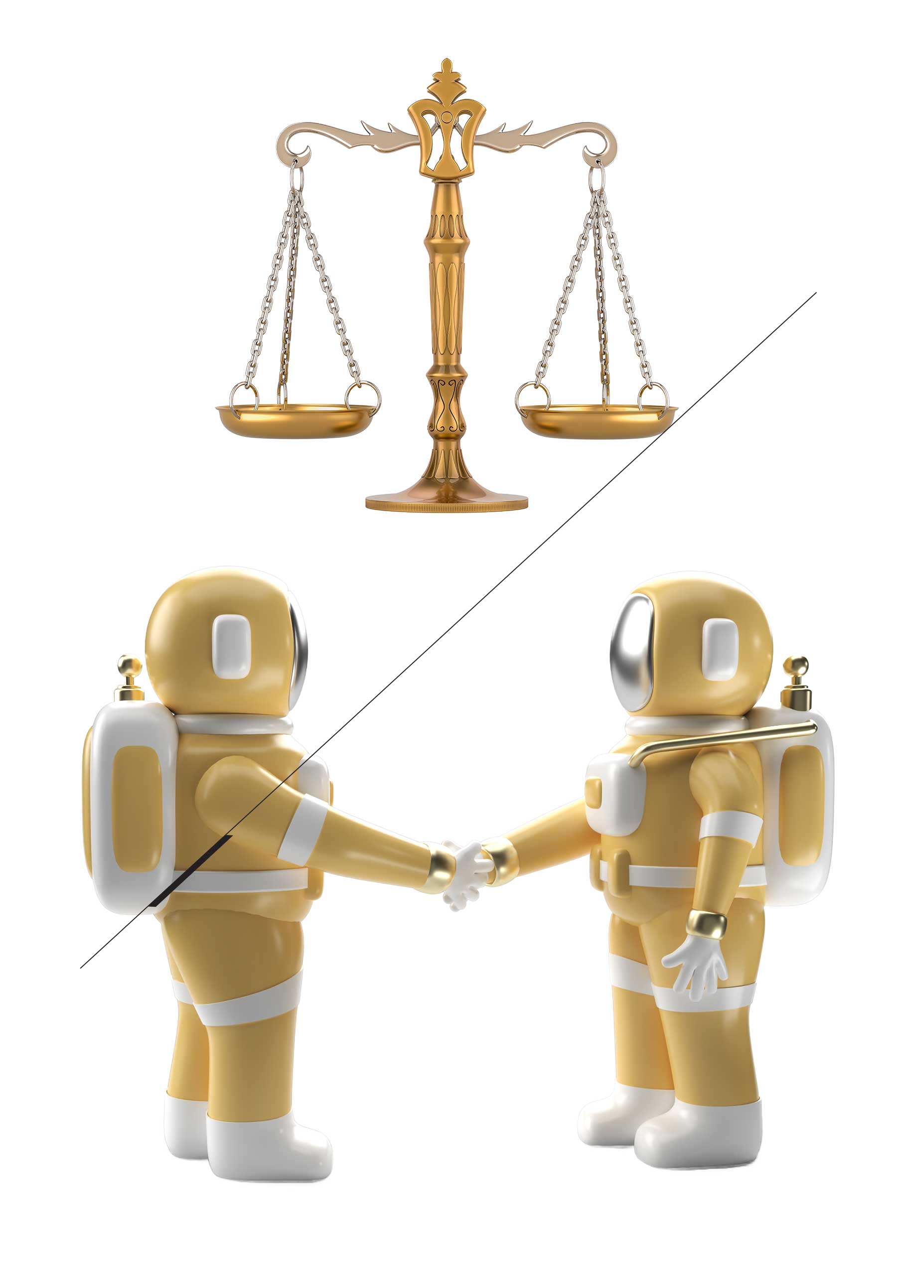astronauts shaking hands and law scales