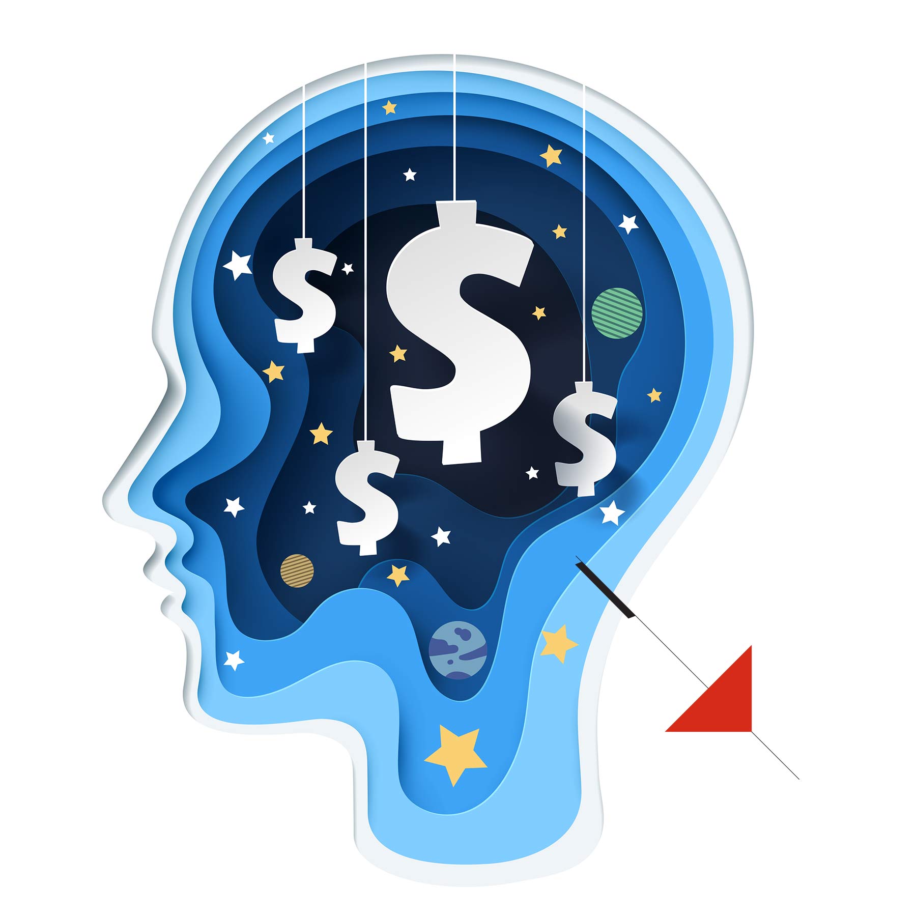 paper art head with dollar signs and stars