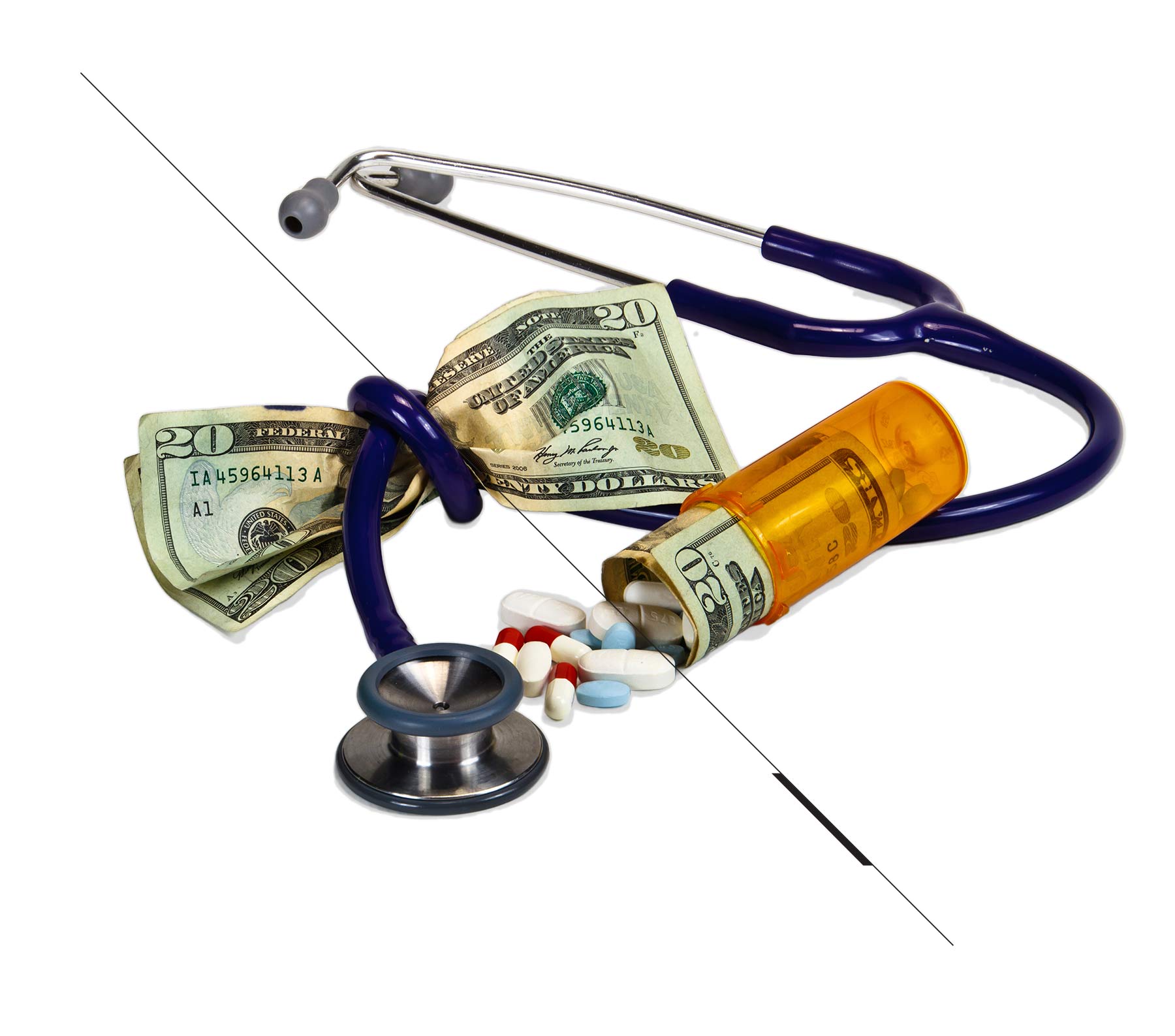 money and stethescope and pill bottle