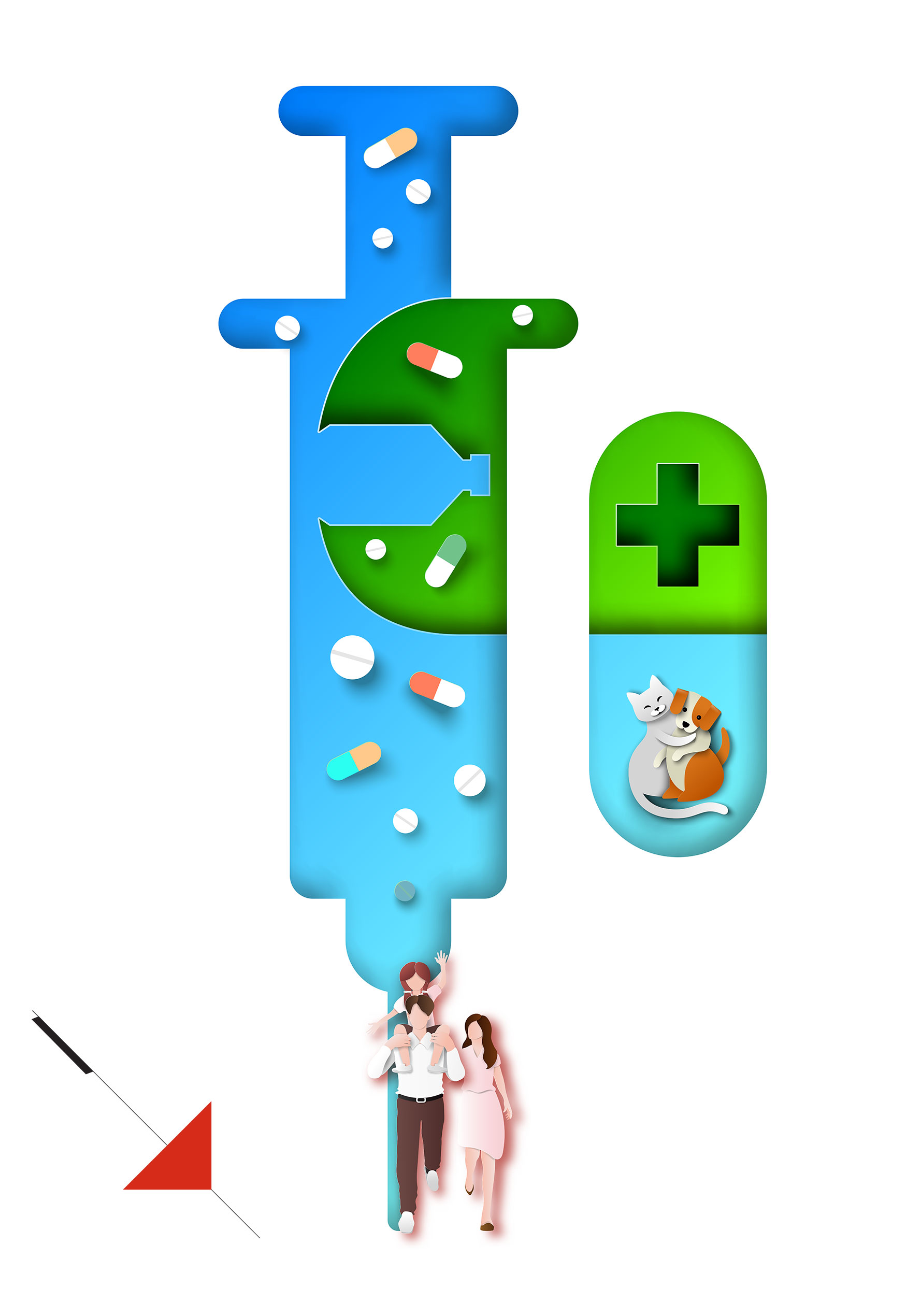 paper art pills and family with pets