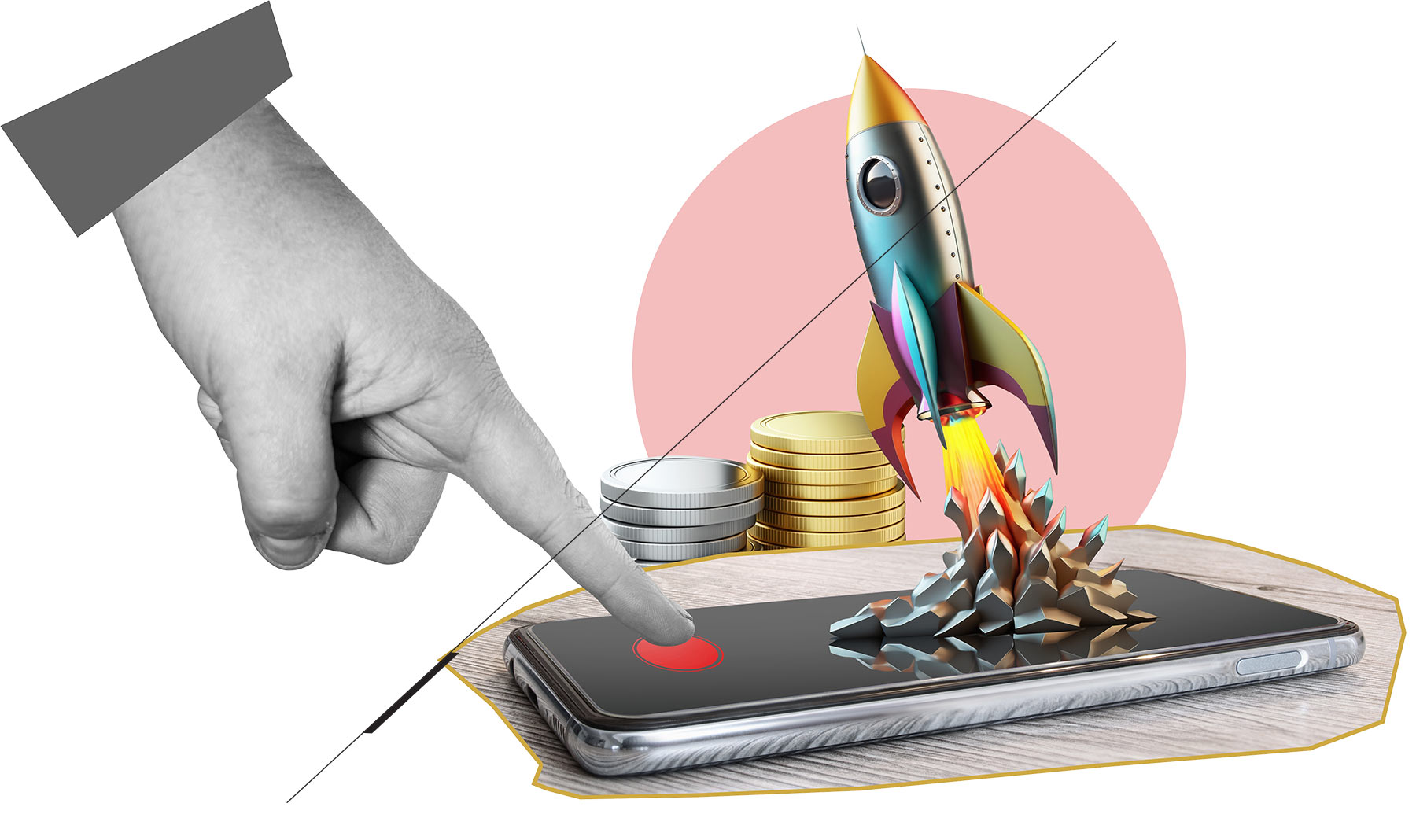 rocket with coins coming out of phone