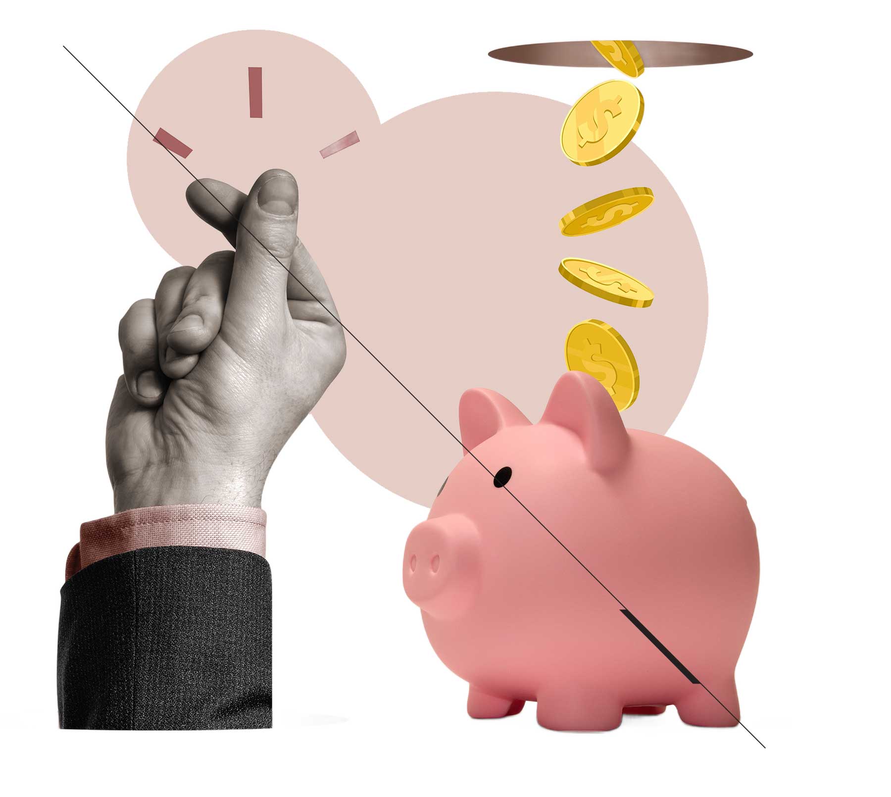 Hand snapping fingers and savings going into piggy bank