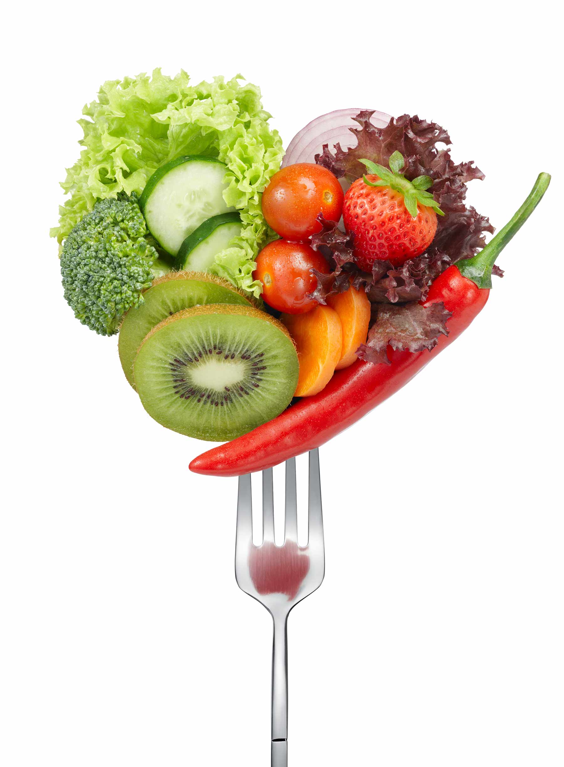 fork with veggies and fruits