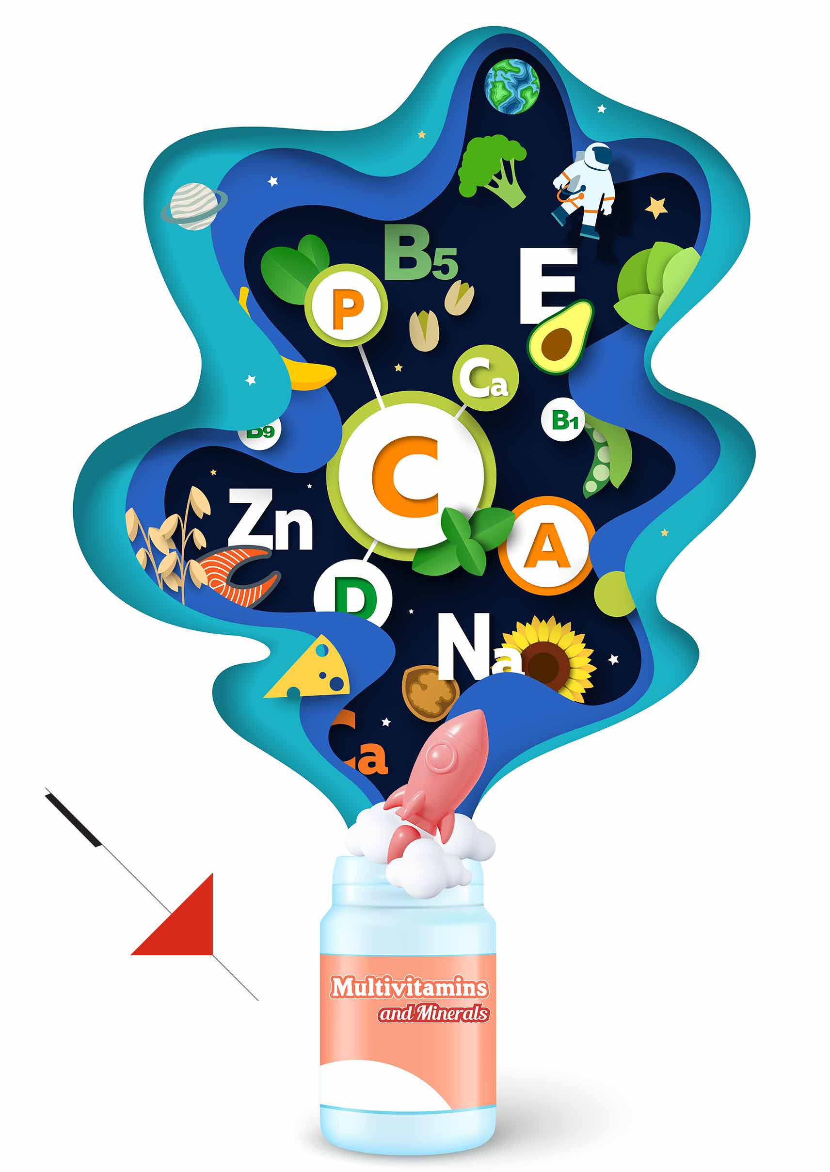 paper art vitamin bottle with space and vitamins