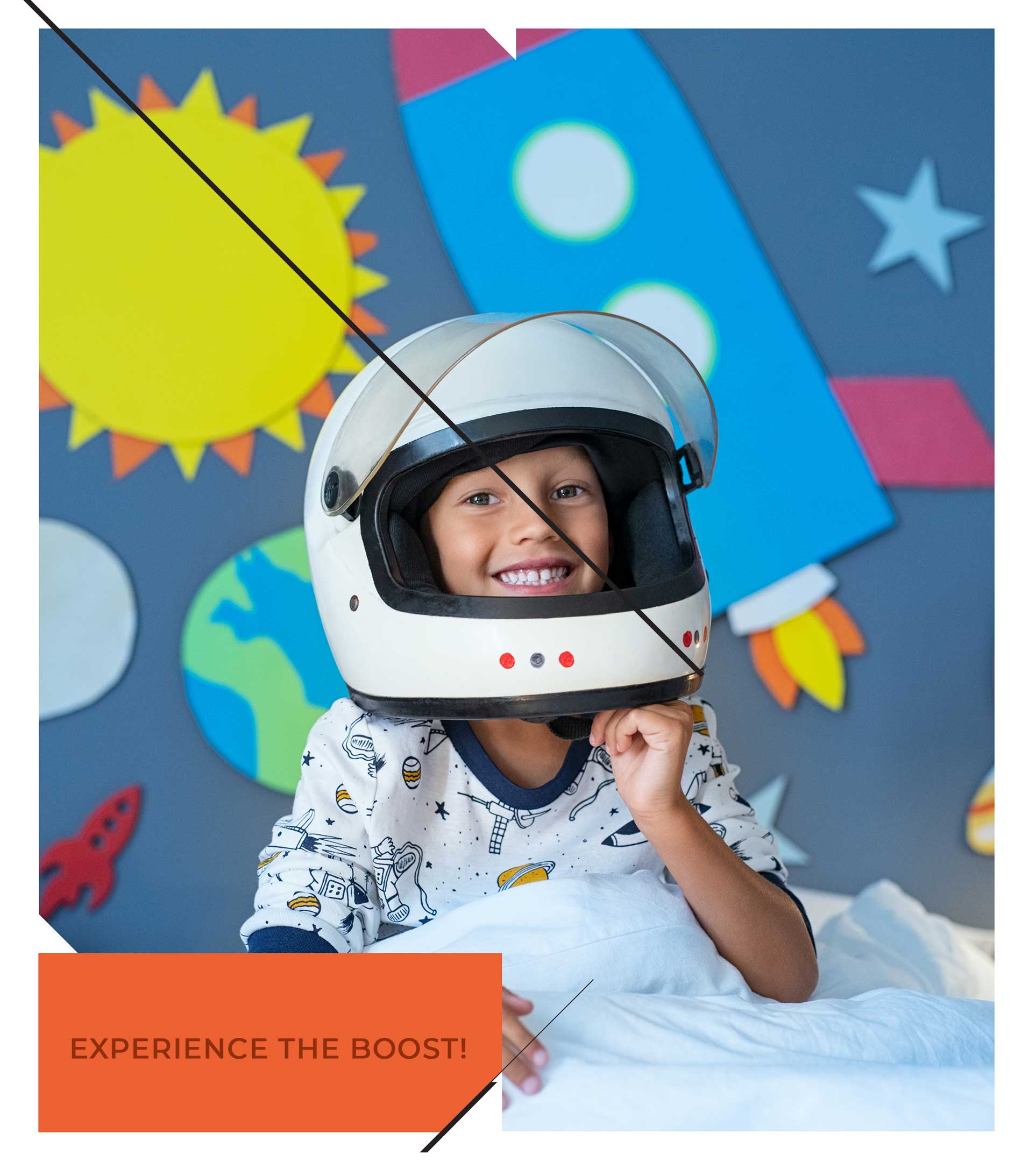 experience the boost: child with astronaut helmet