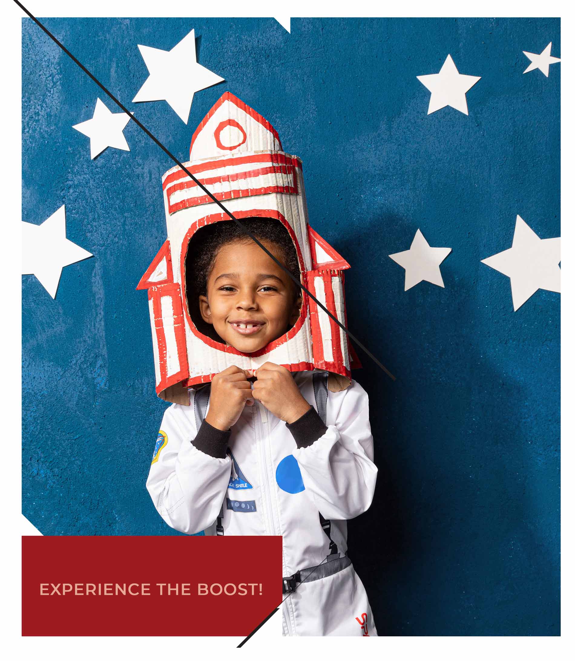 experience the boost: child with astronaut helmet