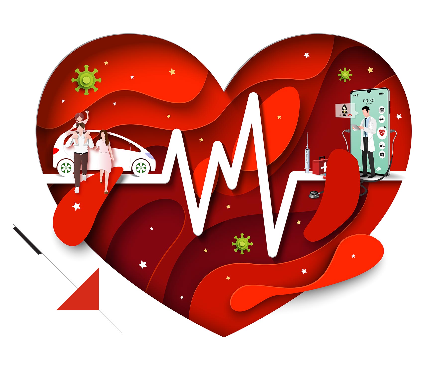 paper art heart with ekg and doctor on phone