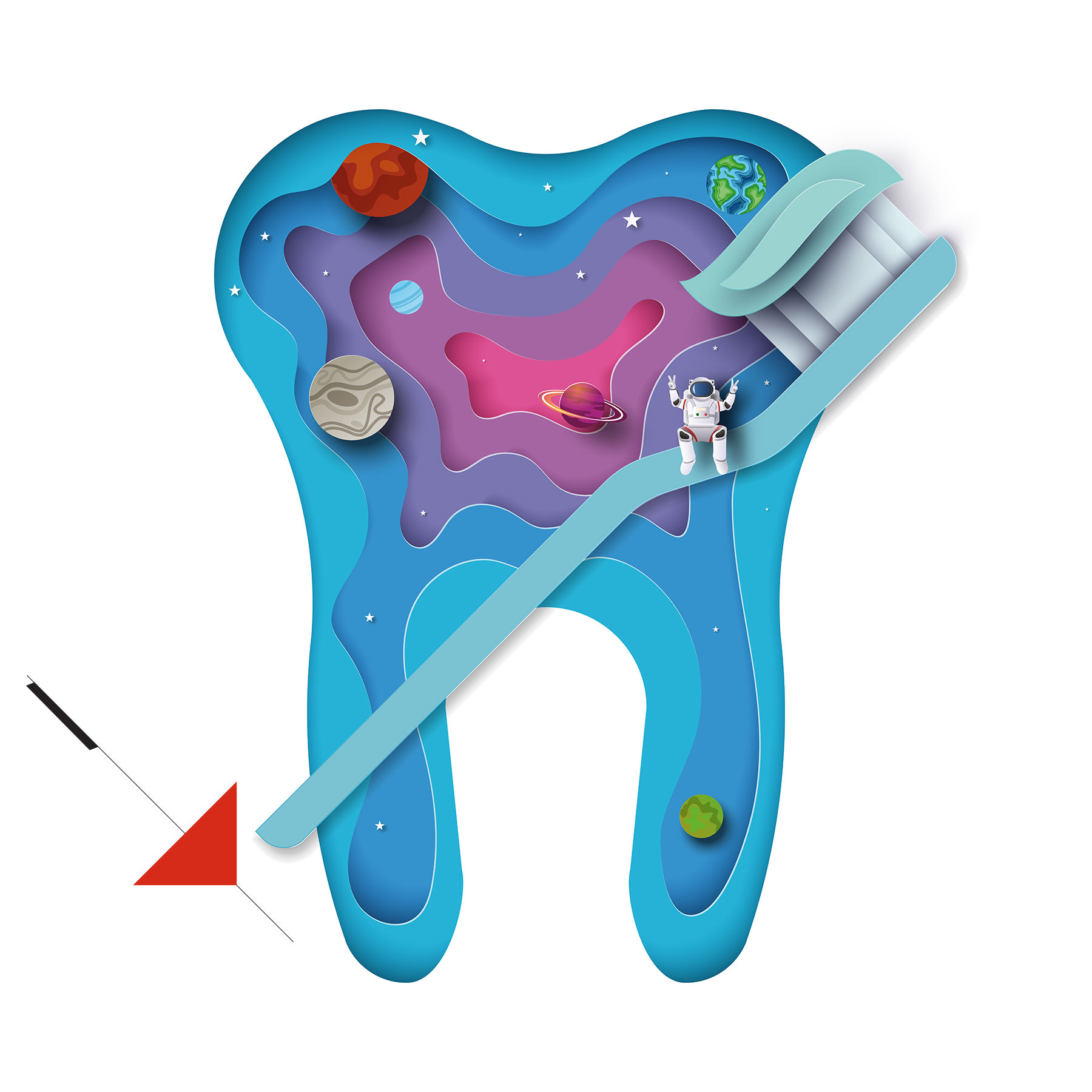 paper art tooth and toothbrush space theme