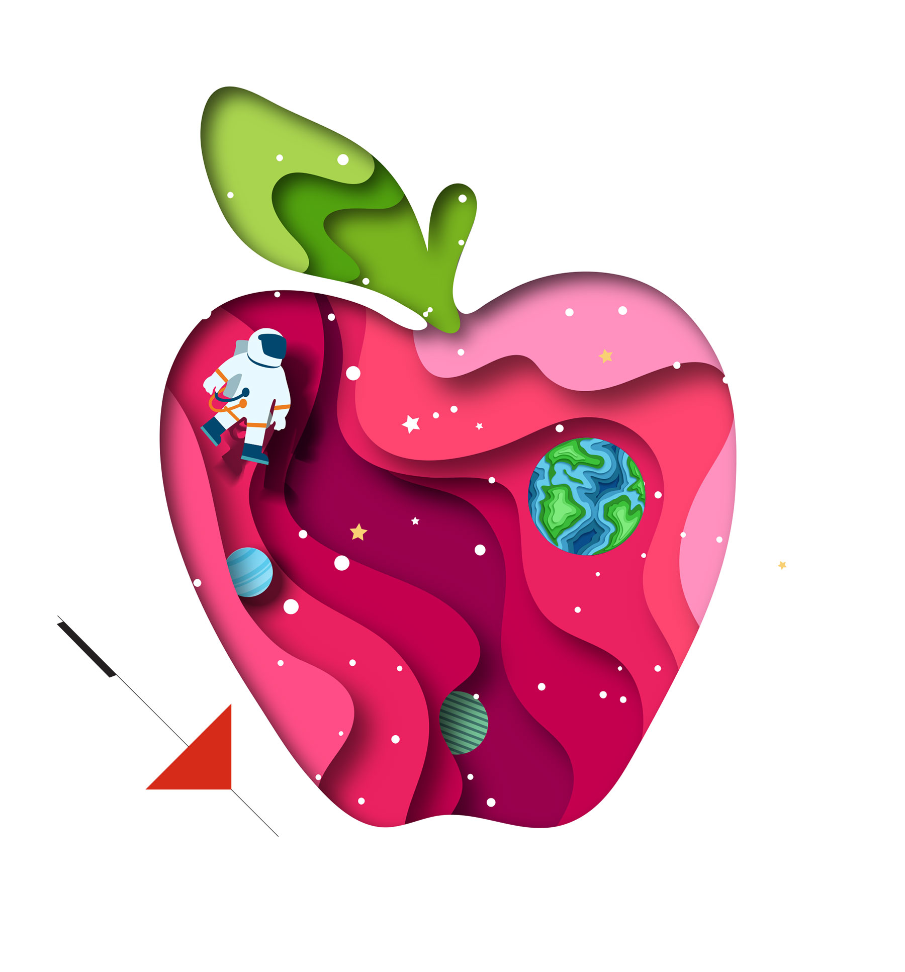 paper art apple with space scene