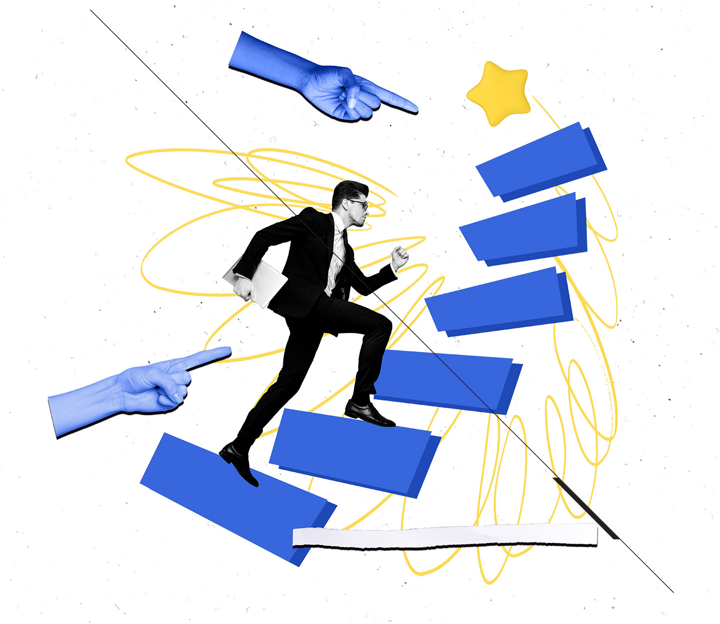 man climbing steps to star